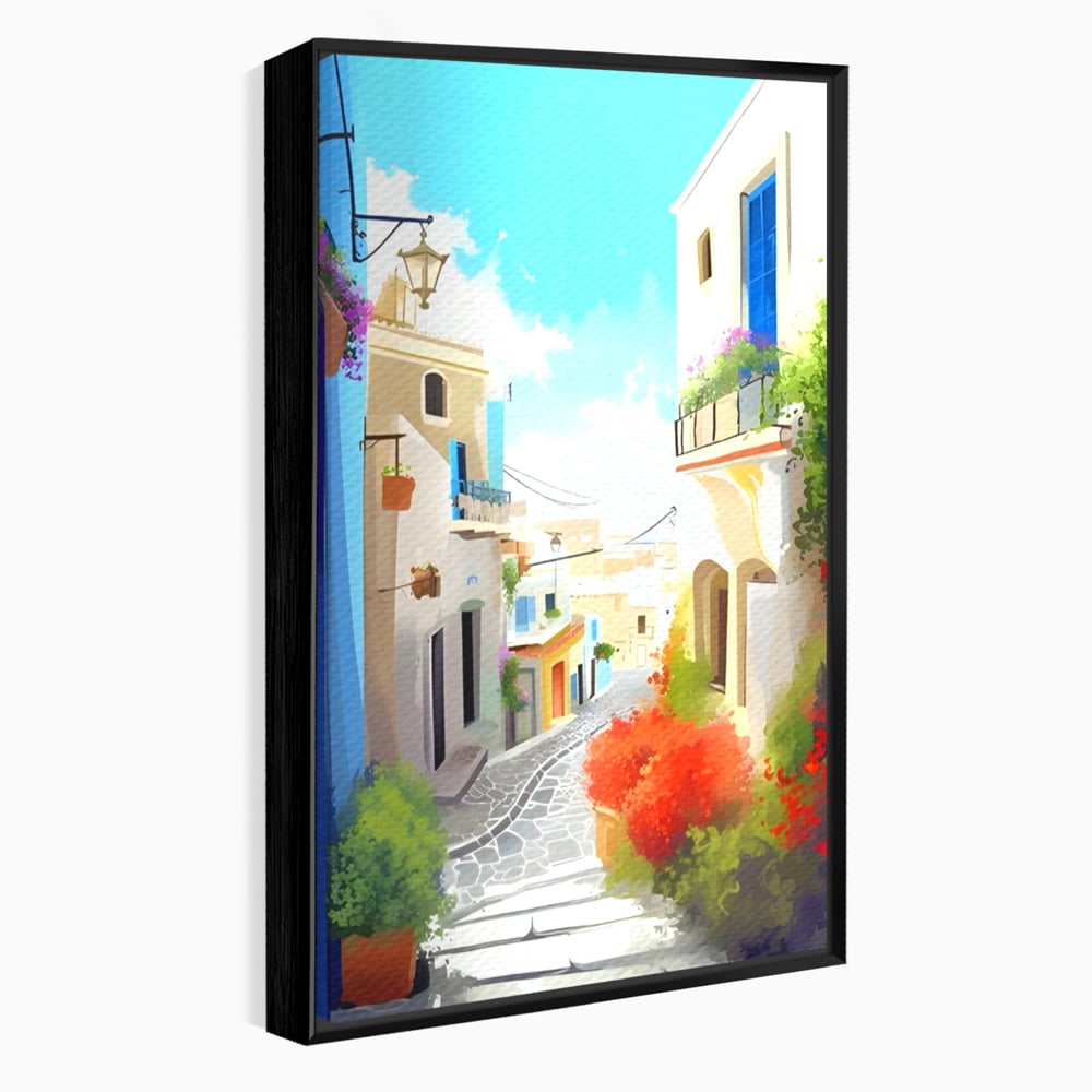 Tablou canvas cu ilustratie digitala cu strada mediteraneana, in rama de aluminiu negru