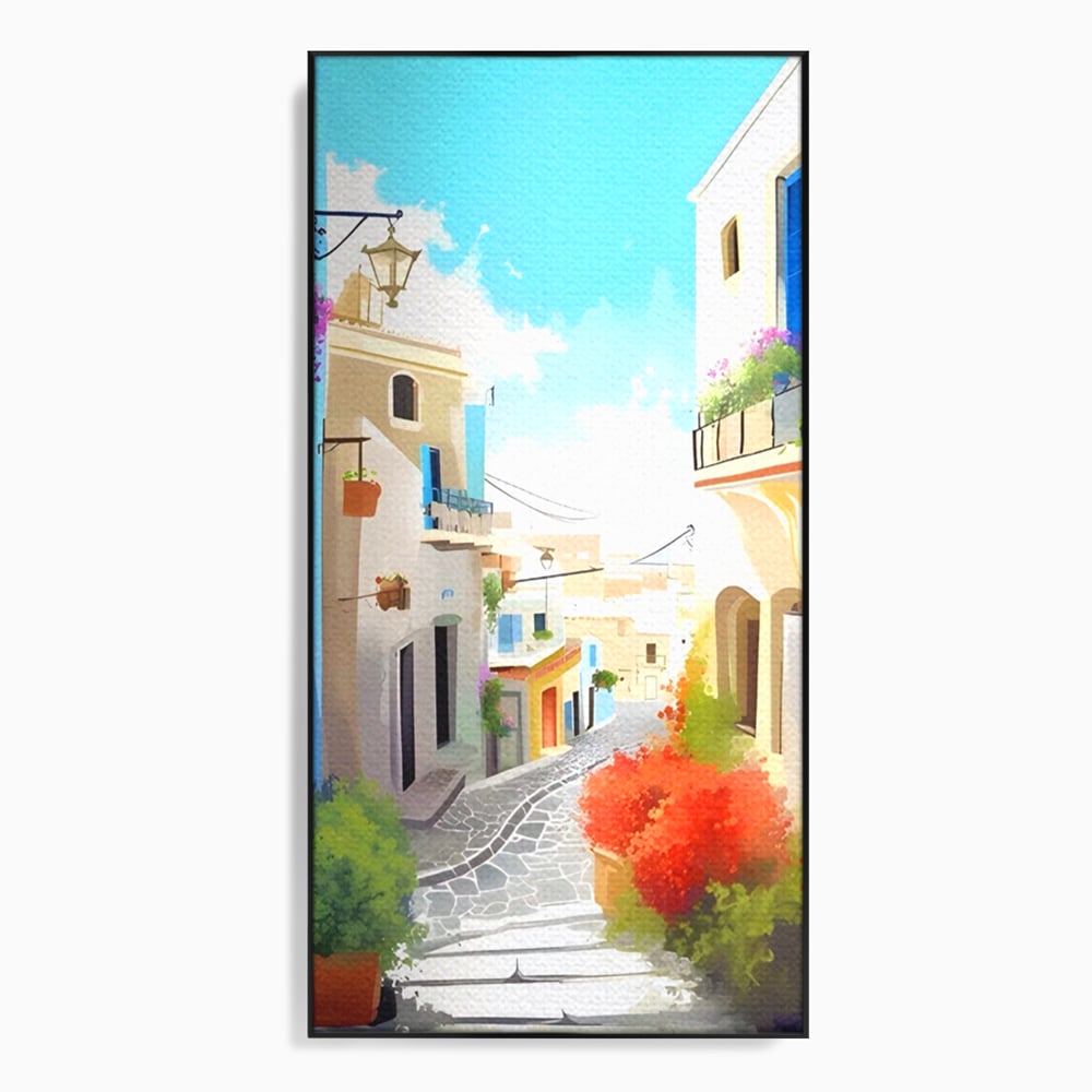 Tablou canvas cu ilustratie digitala cu strada mediteraneana, in rama de aluminiu negru