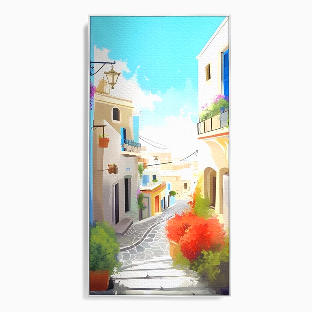 Tablou canvas cu ilustratie digitala cu strada mediteraneana, in rama de aluminiu argintiu