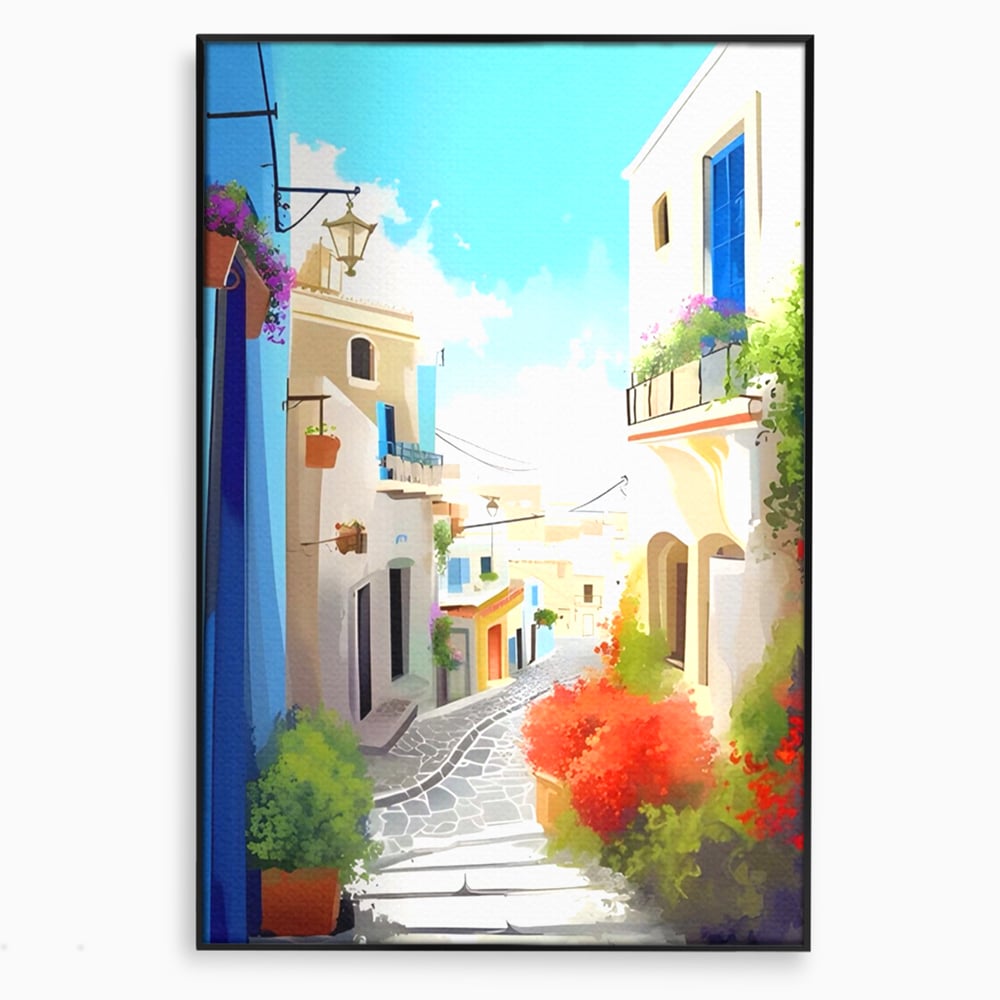 Tablou canvas cu ilustratie digitala cu strada mediteraneana, in rama de aluminiu negru