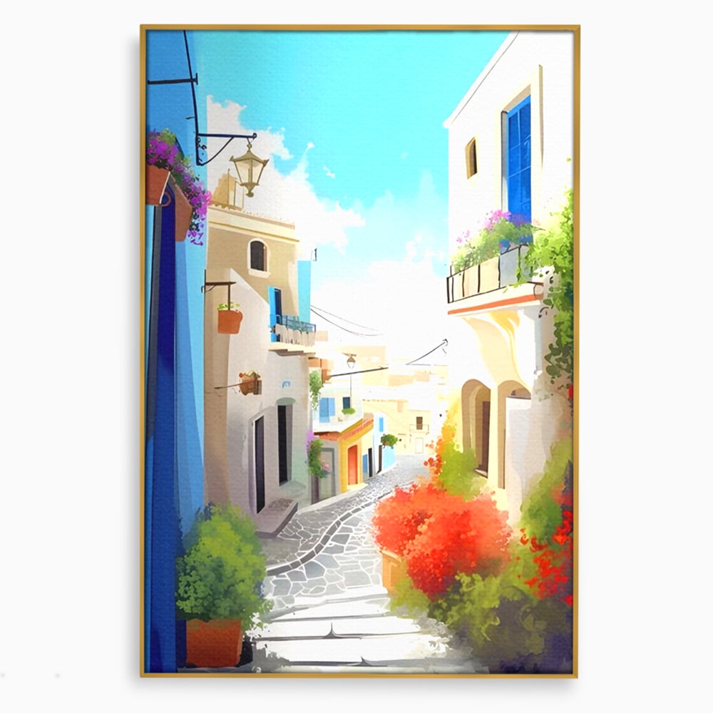 Tablou canvas cu ilustratie digitala cu strada mediteraneana, in rama de aluminiu auriu