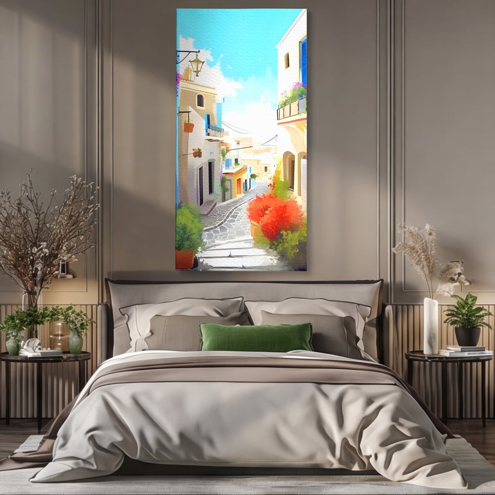 Tablou canvas cu ilustratie digitala cu strada mediteraneana, fara rama, pe sasiu de lemn, pe perete intr-un dormitor