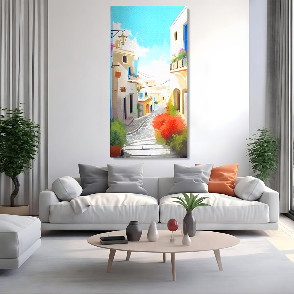 Tablou canvas cu ilustratie digitala cu strada mediteraneana, fara rama, pe sasiu de lemn, pe perete intr-un living