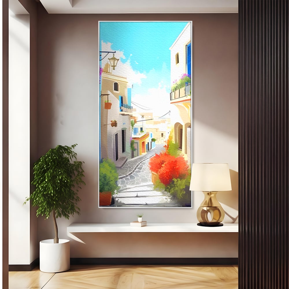 Tablou canvas cu ilustratie digitala cu strada mediteraneana, in rama de aluminiu argintiu