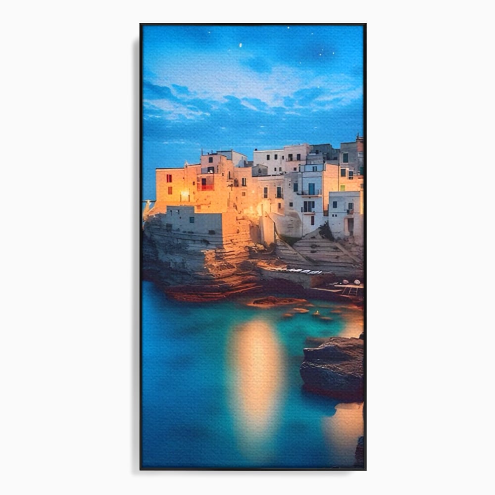 Tablou canvas cu tablou canvas cu peisaj costier nocturn, in rama de aluminiu negru