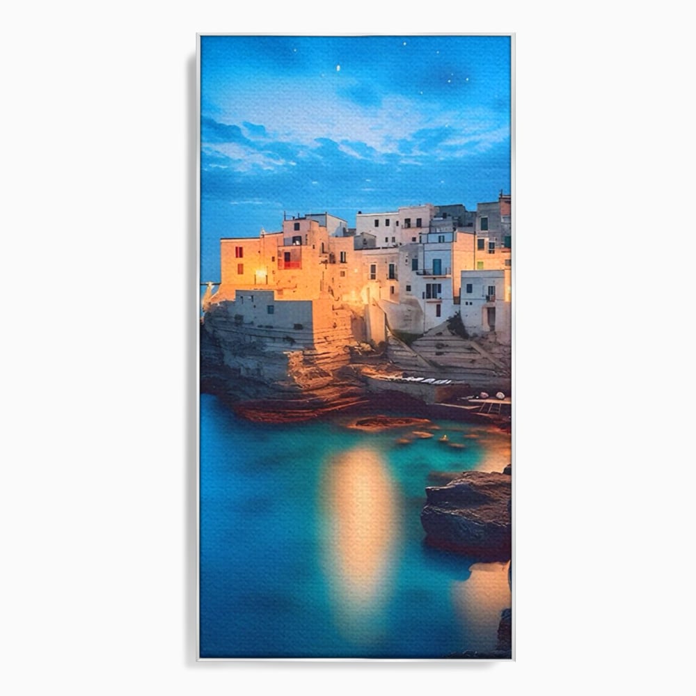 Tablou canvas cu tablou canvas cu peisaj costier nocturn, in rama de aluminiu argintiu