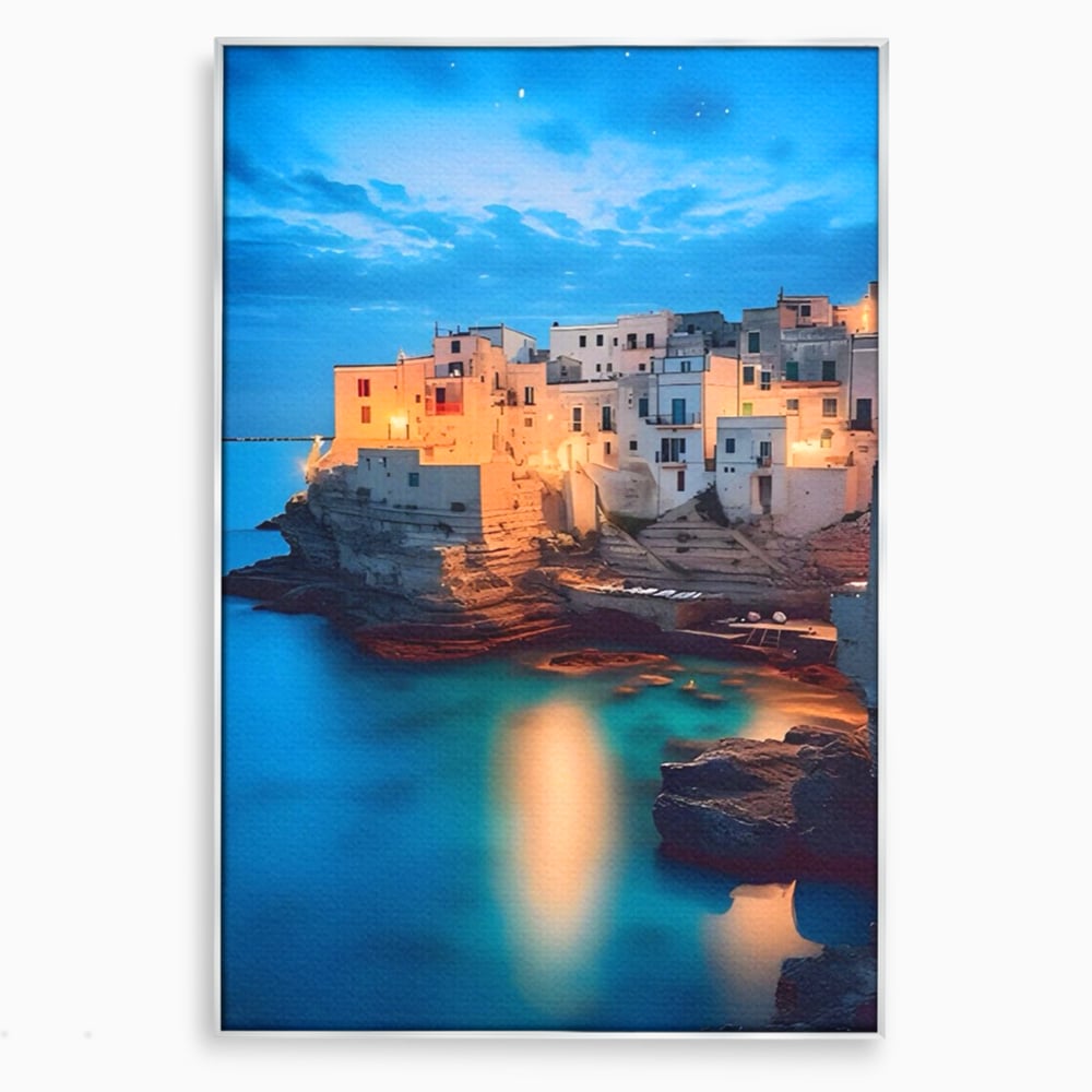Tablou canvas cu tablou canvas cu peisaj costier nocturn, in rama de aluminiu argintiu