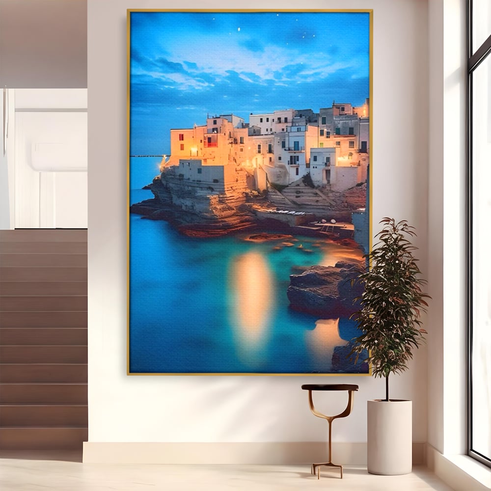 Tablou canvas cu tablou canvas cu peisaj costier nocturn, in rama de aluminiu auriu