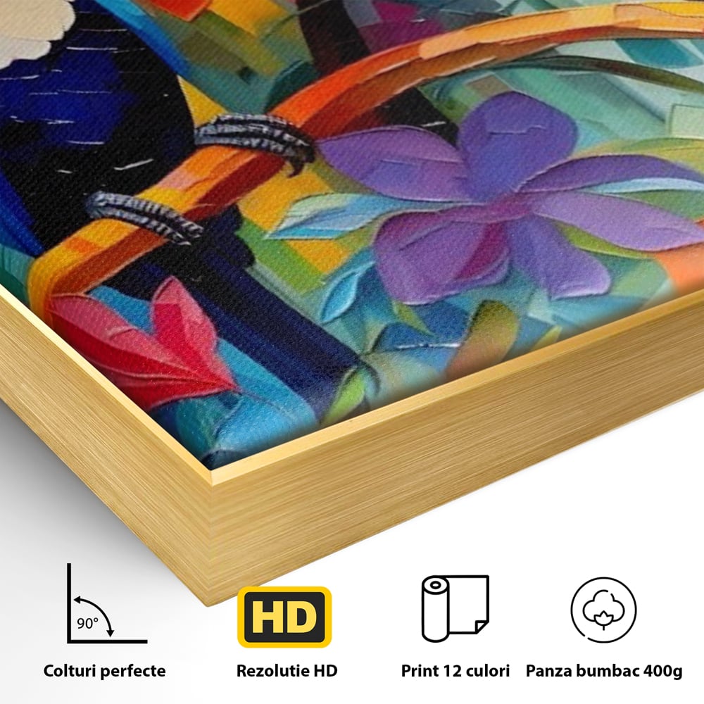 Detaliu al suprafetei: tablou canvas cu tucani colorati, in rama de aluminiu auriu