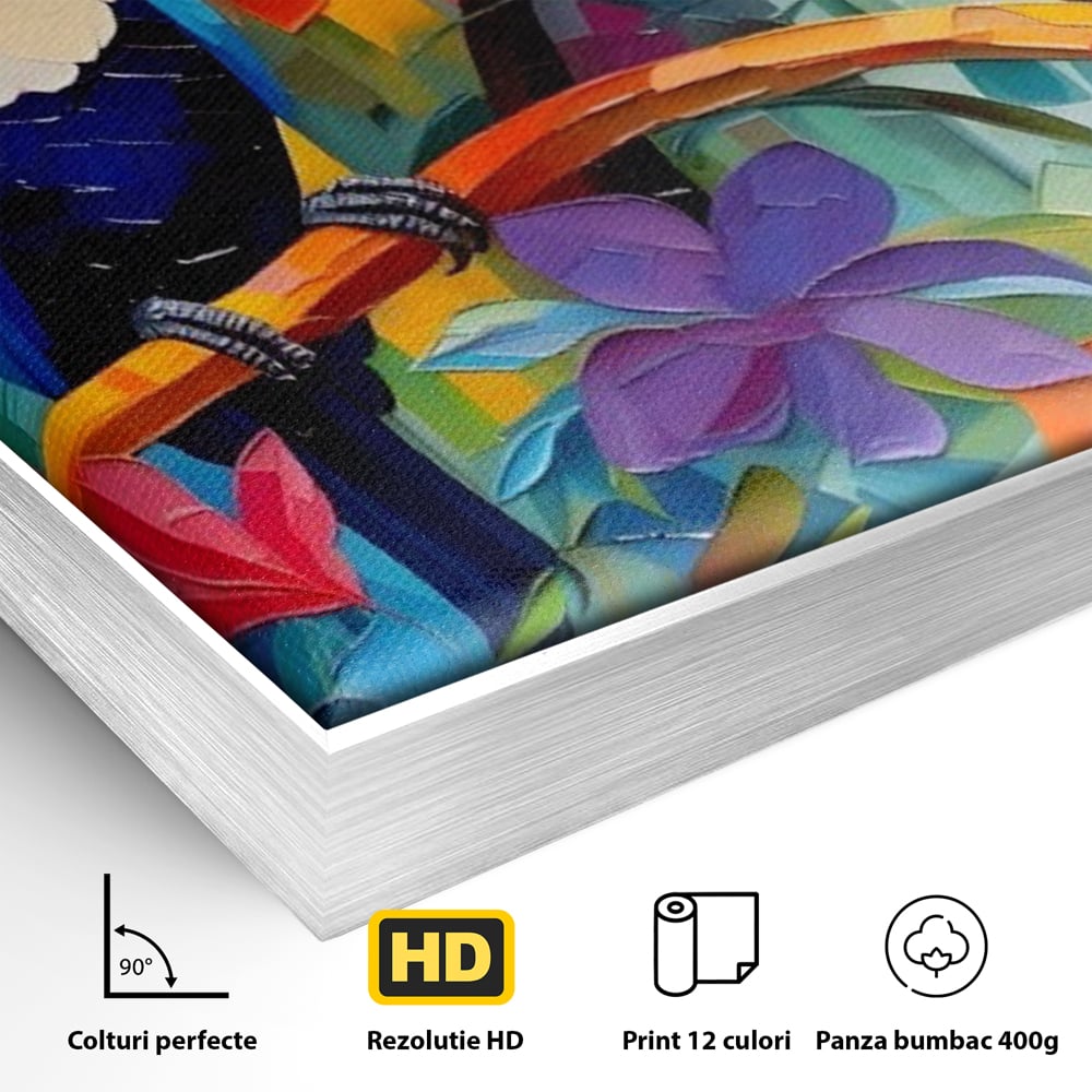 Detaliu al suprafetei: tablou canvas cu tucani colorati, in rama de aluminiu argintiu
