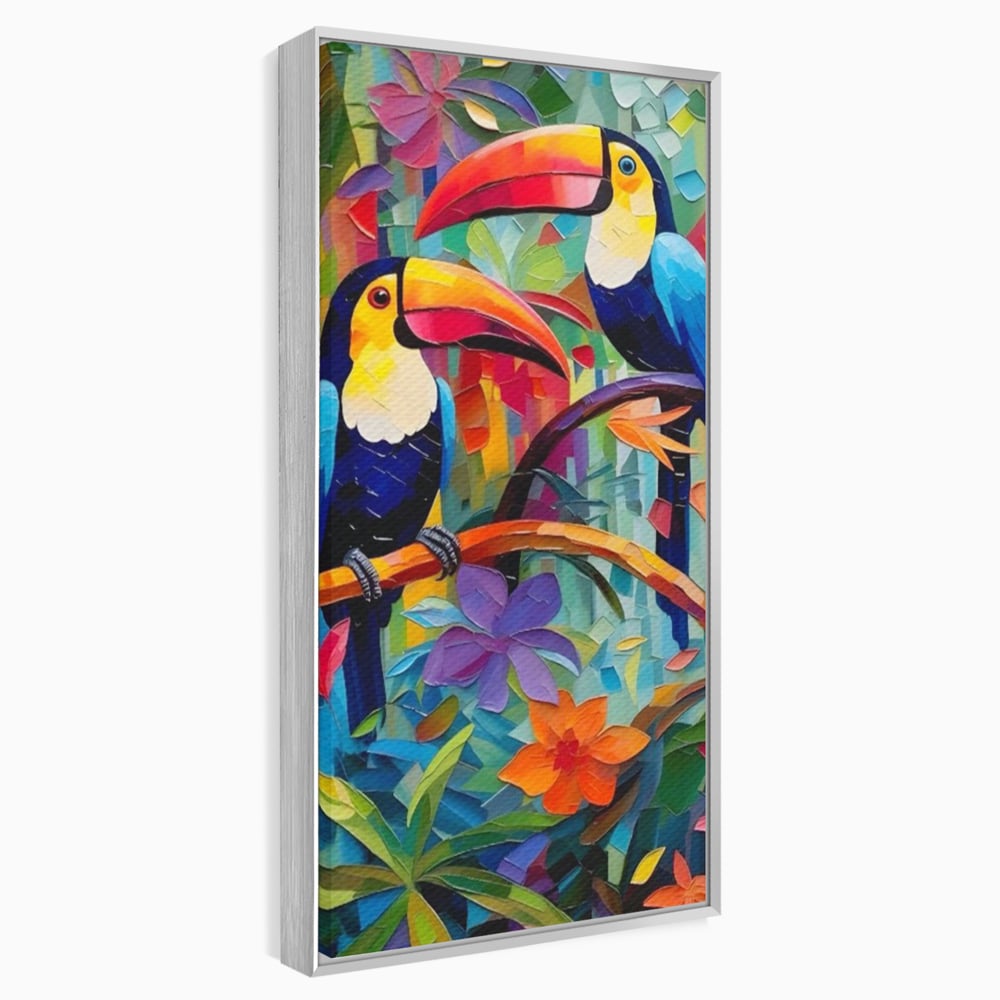 Tablou canvas cu tablou canvas cu tucani colorati, in rama de aluminiu argintiu