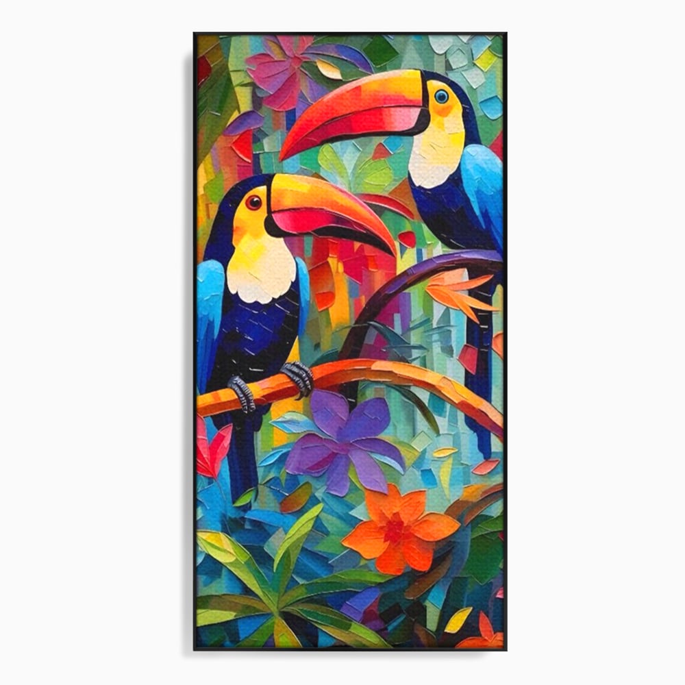 Tablou canvas cu tablou canvas cu tucani colorati, in rama de aluminiu negru