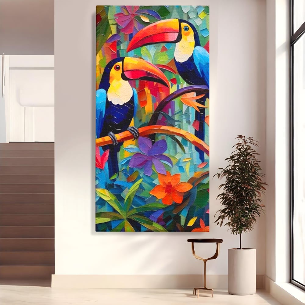 Tablou canvas cu tablou canvas cu tucani colorati, fara rama, pe sasiu de lemn