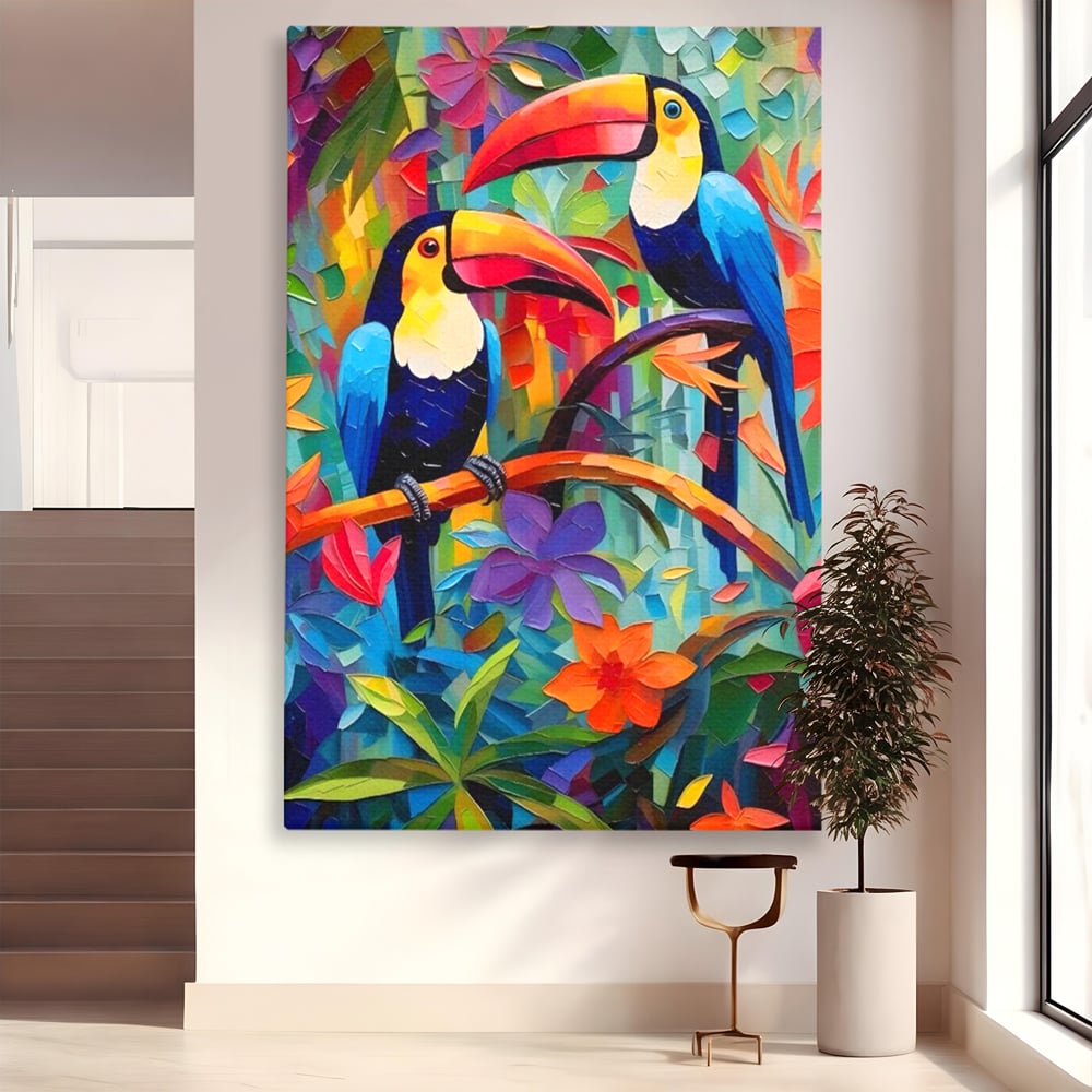 Tablou canvas cu tablou canvas cu tucani colorati, fara rama, pe sasiu de lemn