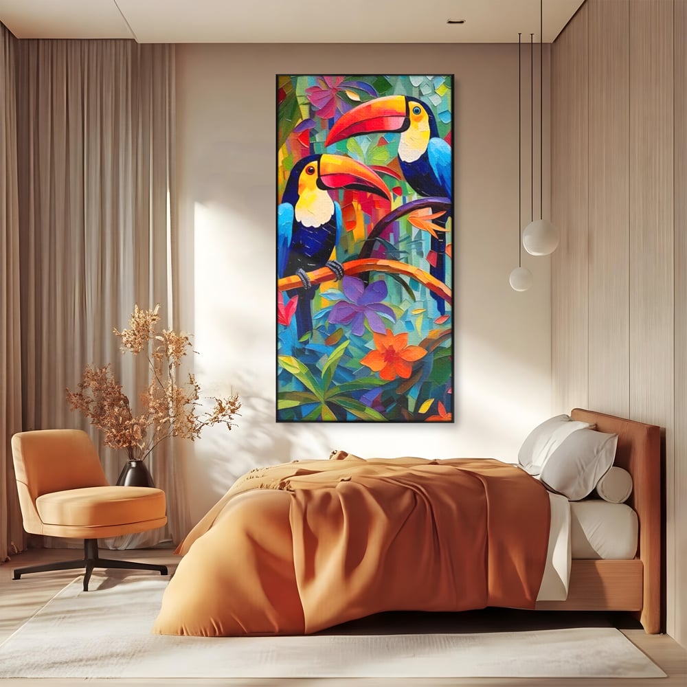 Tablou canvas cu tablou canvas cu tucani colorati, in rama de aluminiu negru, pe perete intr-un dormitor