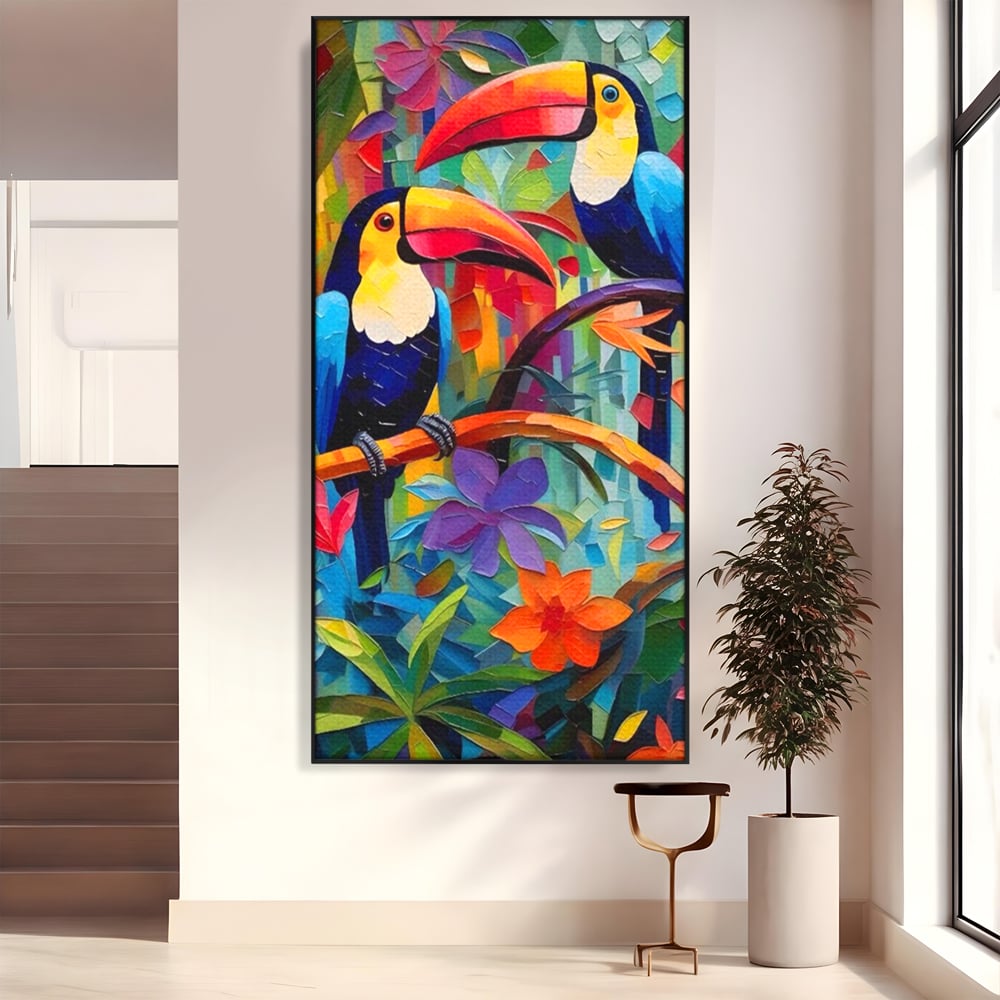 Tablou canvas cu tablou canvas cu tucani colorati, in rama de aluminiu negru