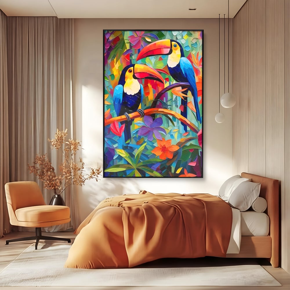 Tablou canvas cu tablou canvas cu tucani colorati, in rama de aluminiu negru, pe perete intr-un dormitor