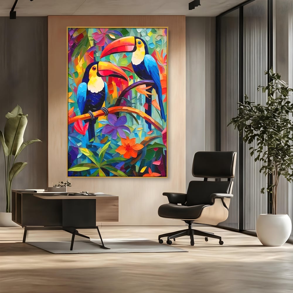 Tablou canvas cu tablou canvas cu tucani colorati, in rama de aluminiu auriu, pe perete intr-un birou