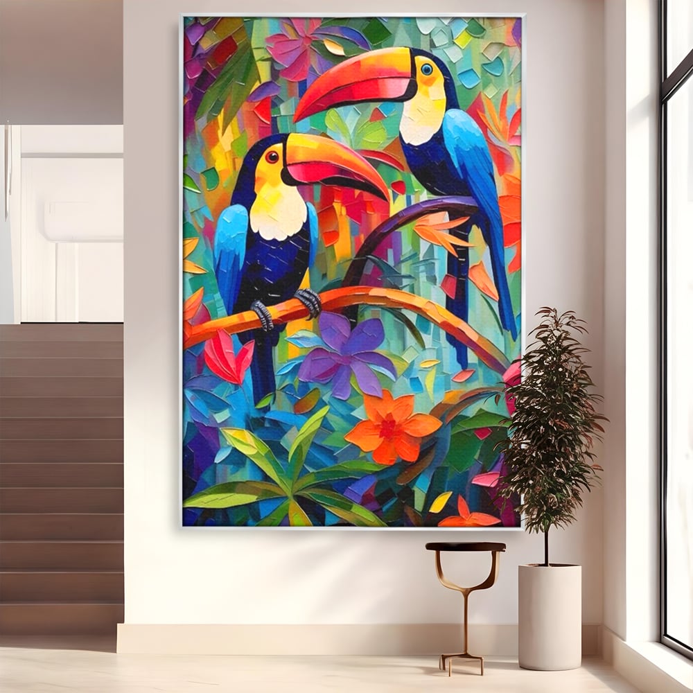Tablou canvas cu tablou canvas cu tucani colorati, in rama de aluminiu argintiu