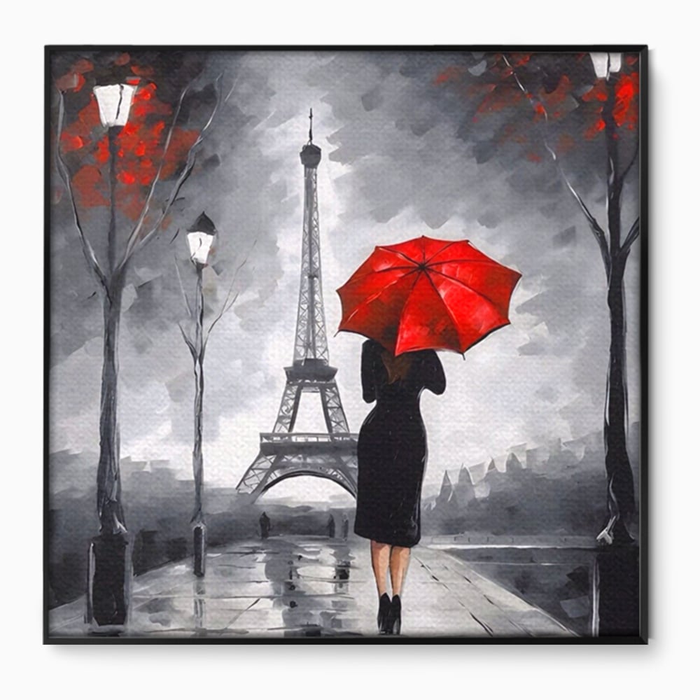 Tablou canvas cu pictura cu femeie si umbrela rosie, in rama de aluminiu negru