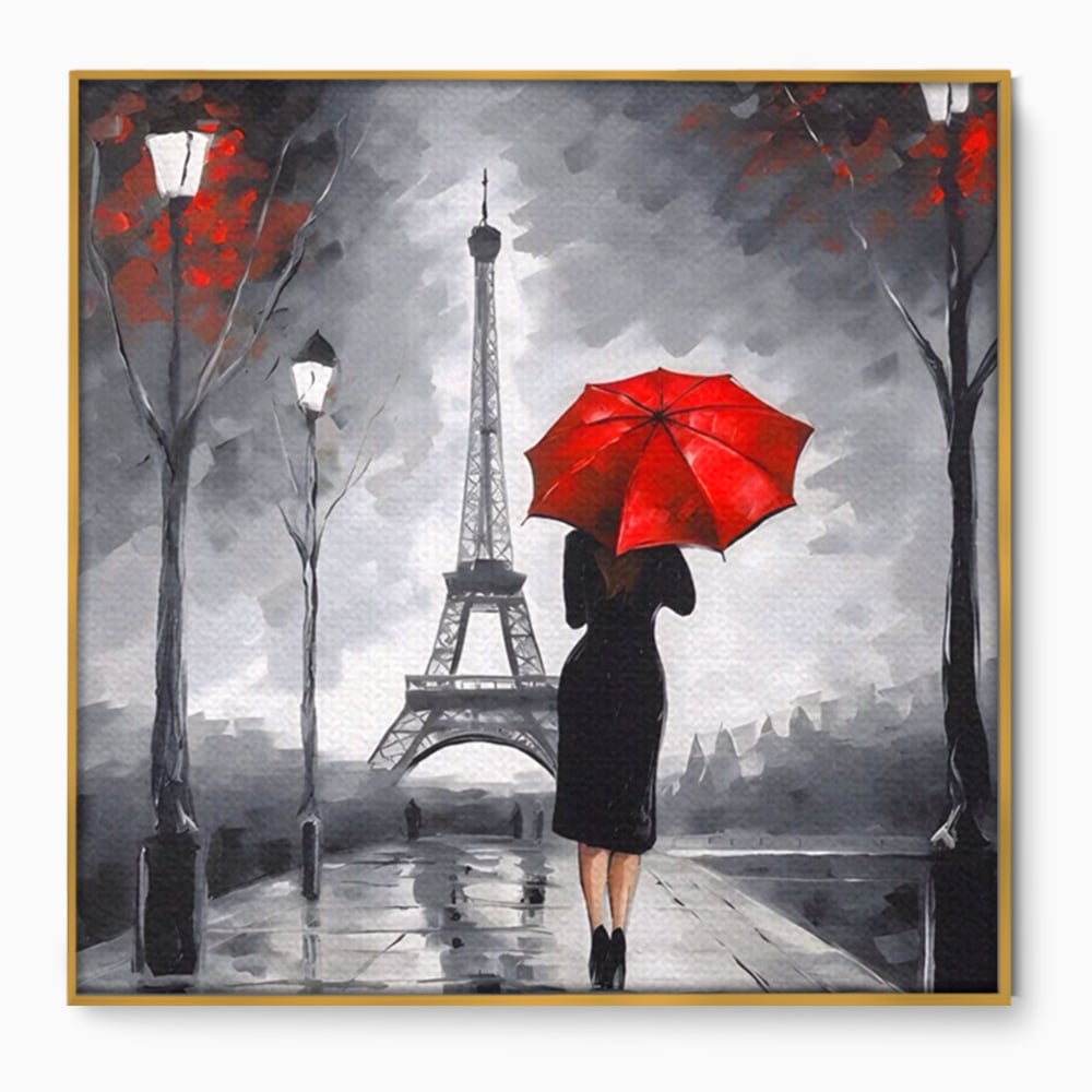 Tablou canvas cu pictura cu femeie si umbrela rosie, in rama de aluminiu auriu