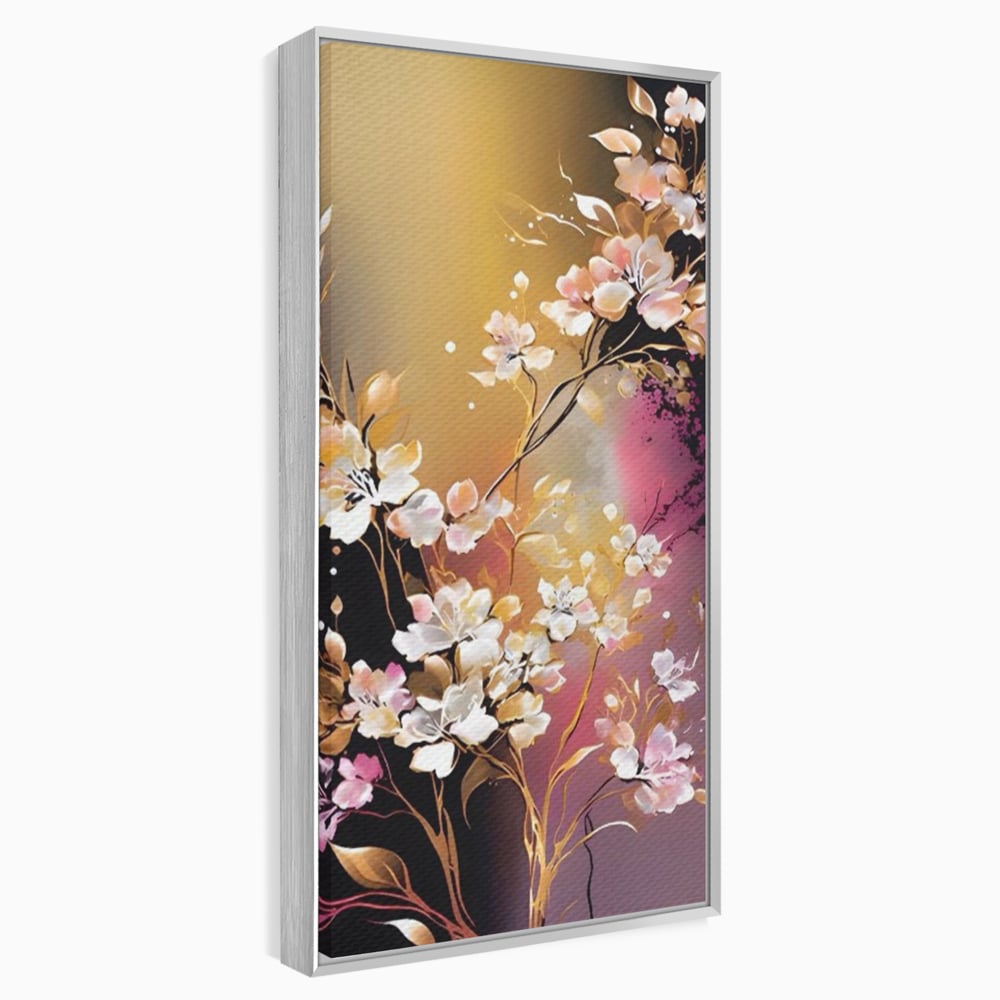Tablou canvas cu pictura verticala cu ramura inflorita, in rama de aluminiu argintiu