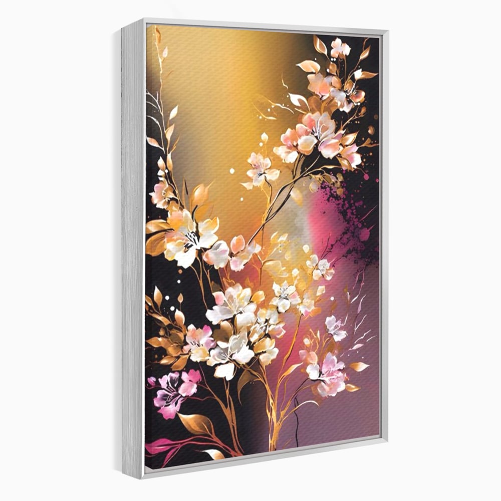 Tablou canvas cu pictura verticala cu ramura inflorita, in rama de aluminiu argintiu
