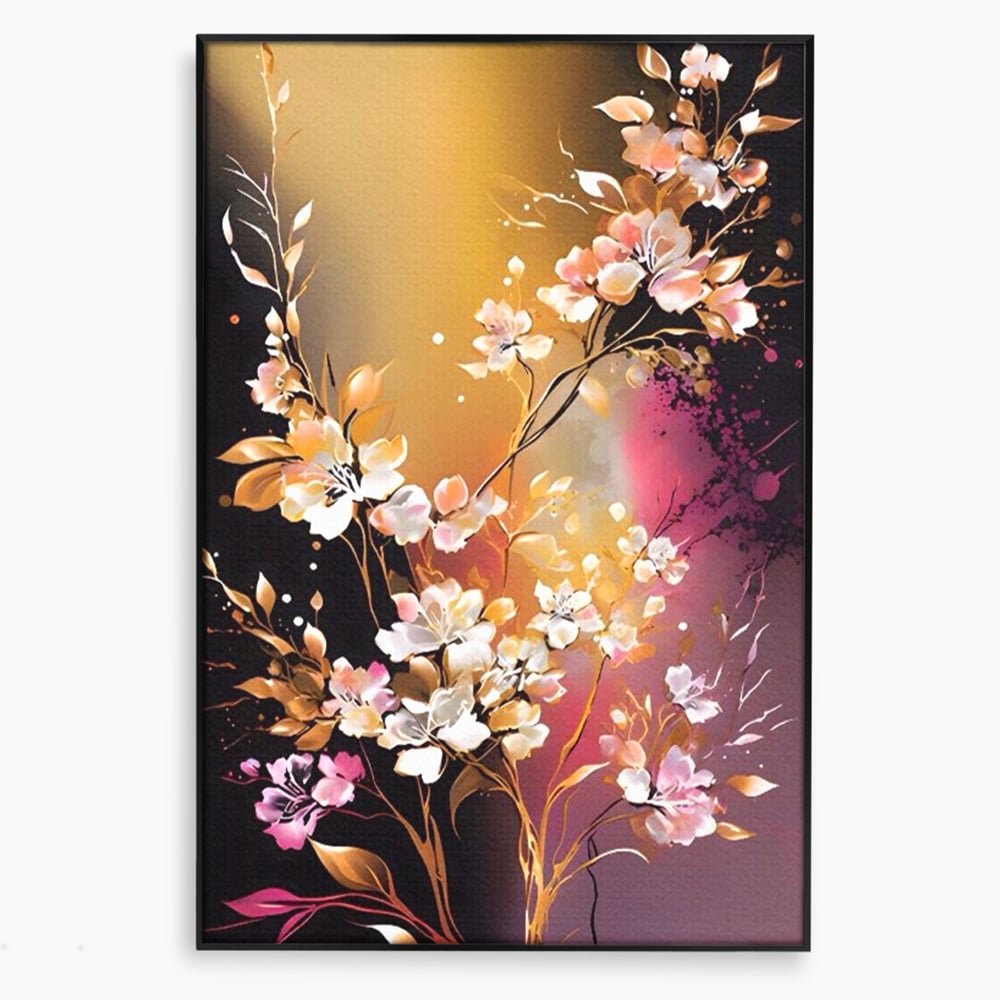 Tablou canvas cu pictura verticala cu ramura inflorita, in rama de aluminiu negru
