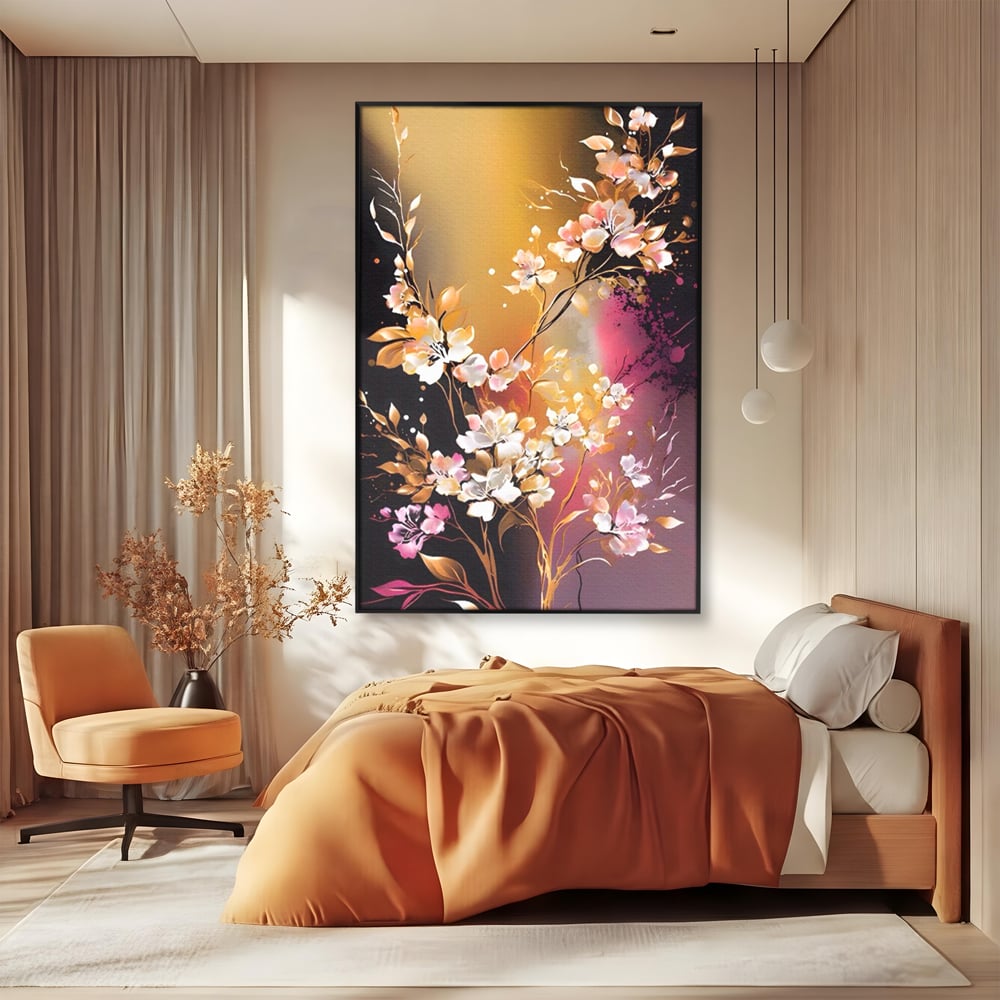 Tablou canvas cu pictura verticala cu ramura inflorita, in rama de aluminiu negru, pe perete intr-un dormitor