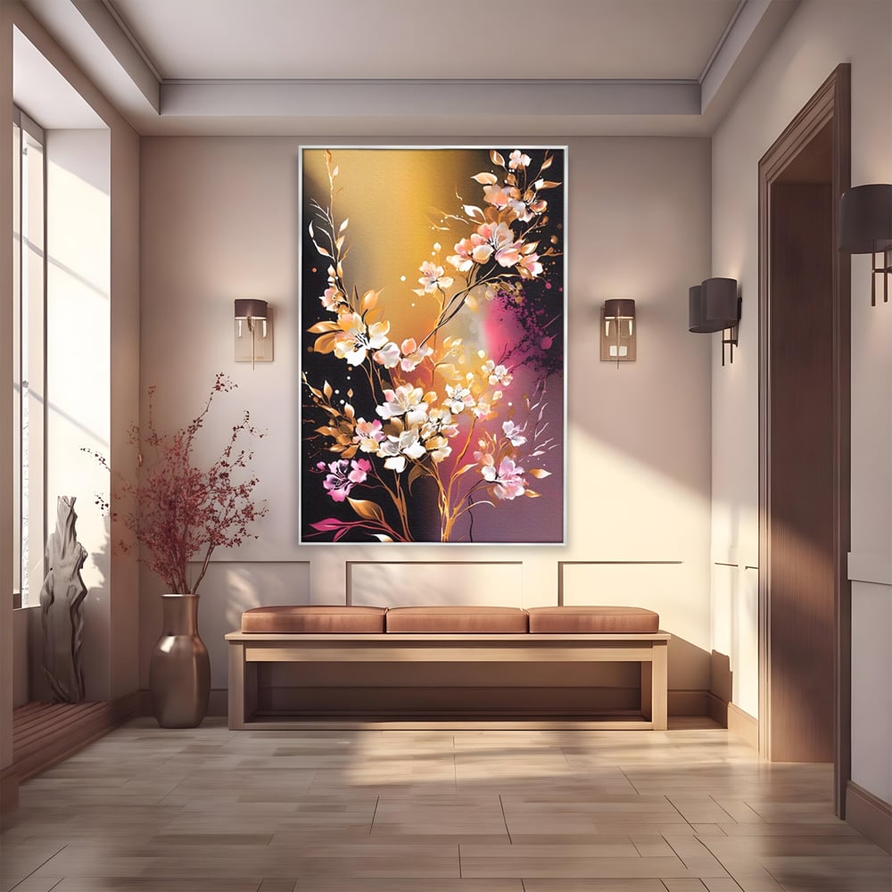 Tablou canvas cu pictura verticala cu ramura inflorita, in rama de aluminiu argintiu