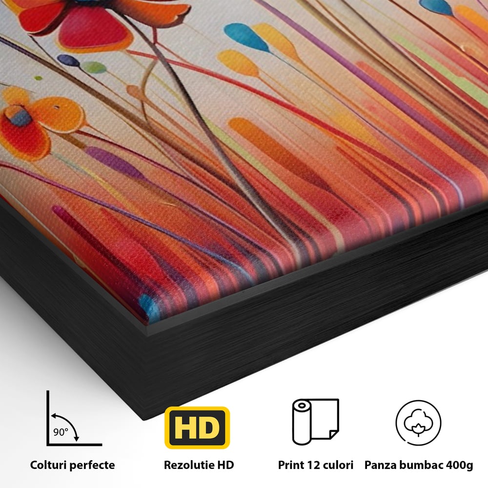 Detaliu al suprafetei: pictura abstracta cu flori colorate, in rama de aluminiu negru