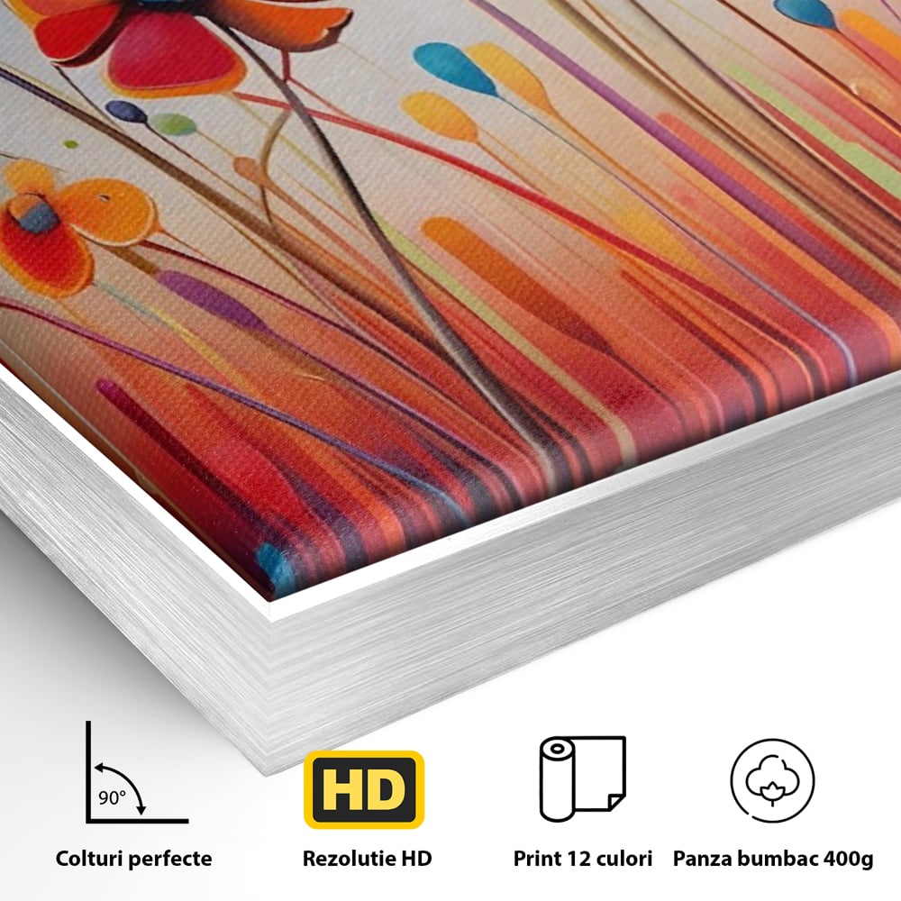 Detaliu al suprafetei: pictura abstracta cu flori colorate, in rama de aluminiu argintiu