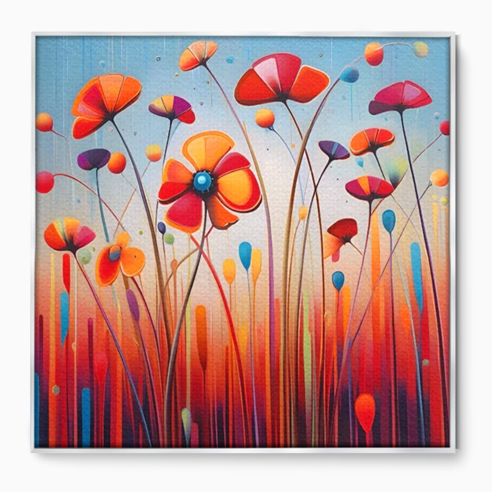 Tablou canvas cu pictura abstracta cu flori colorate, in rama de aluminiu argintiu