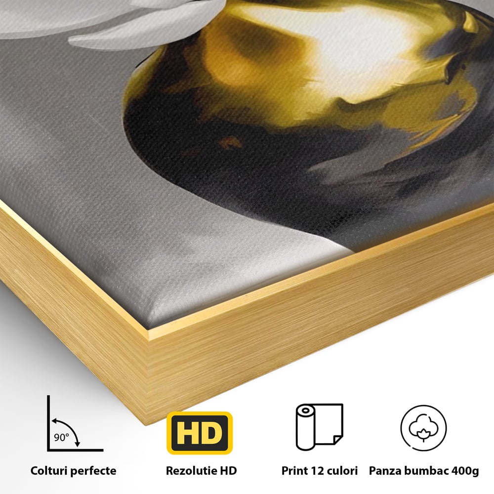 Detaliu al suprafetei: tablou canvas cu floare si vaza aurie, in rama de aluminiu auriu