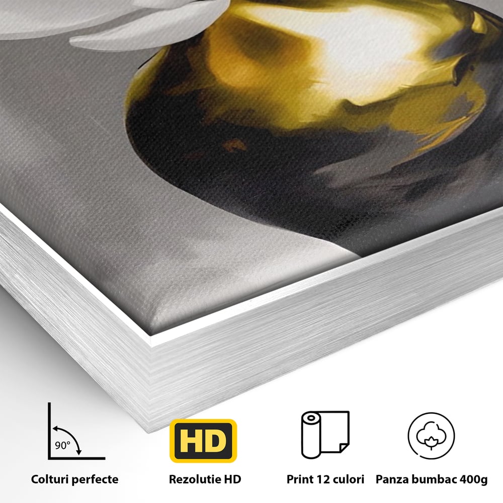 Detaliu al suprafetei: tablou canvas cu floare si vaza aurie, in rama de aluminiu argintiu