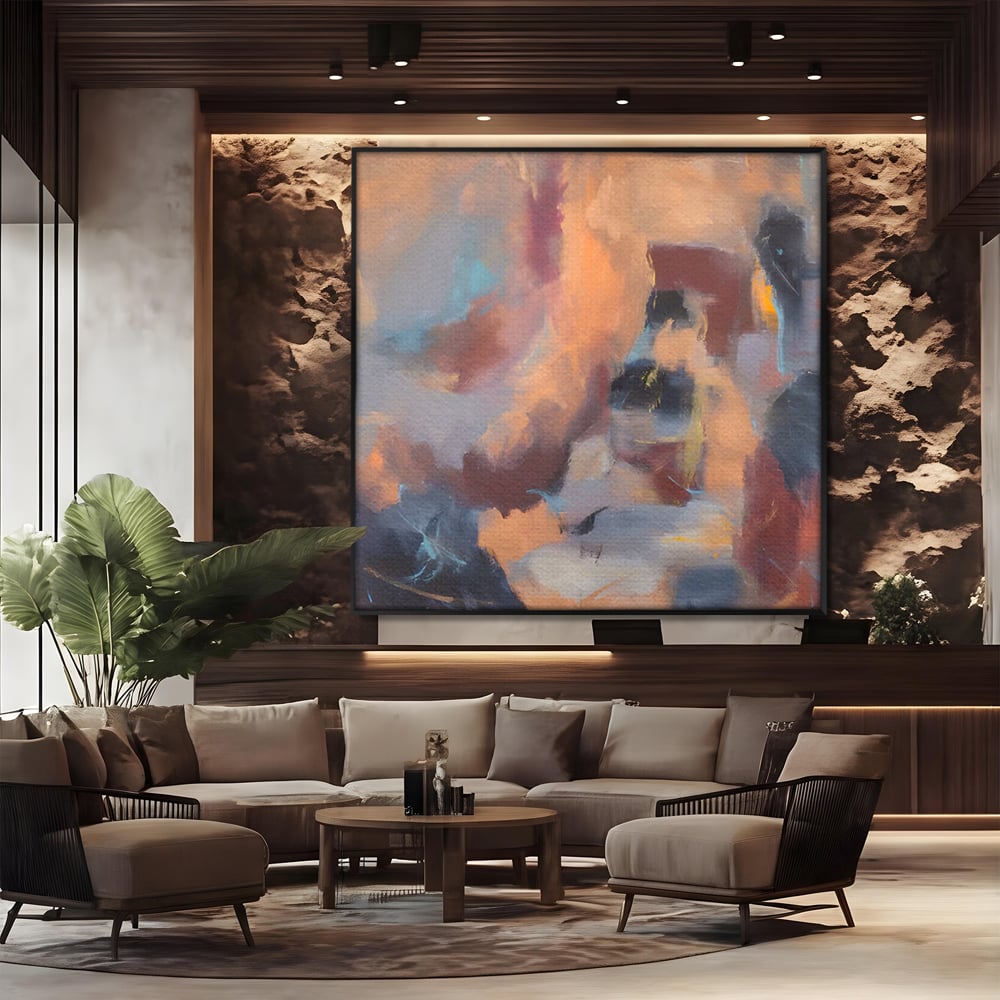 Tablou canvas cu pictura abstracta patrata cu maro, in rama de aluminiu negru, pe perete intr-un birou