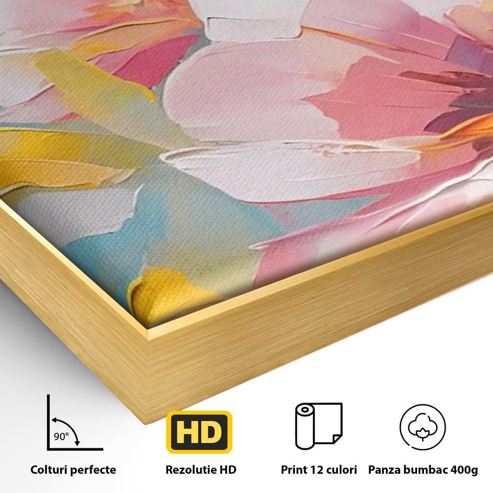 Detaliu al suprafetei: tablou canvas cu flori roz, in rama de aluminiu auriu