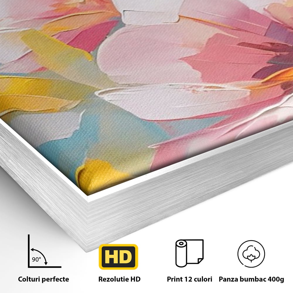 Detaliu al suprafetei: tablou canvas cu flori roz, in rama de aluminiu argintiu