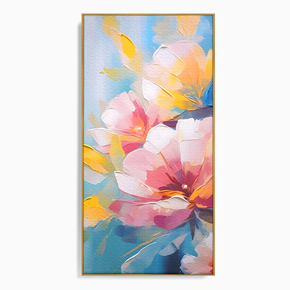 Tablou canvas cu tablou canvas cu flori roz, in rama de aluminiu auriu