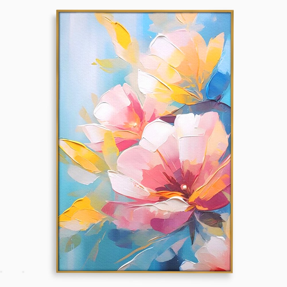 Tablou canvas cu tablou canvas cu flori roz, in rama de aluminiu auriu