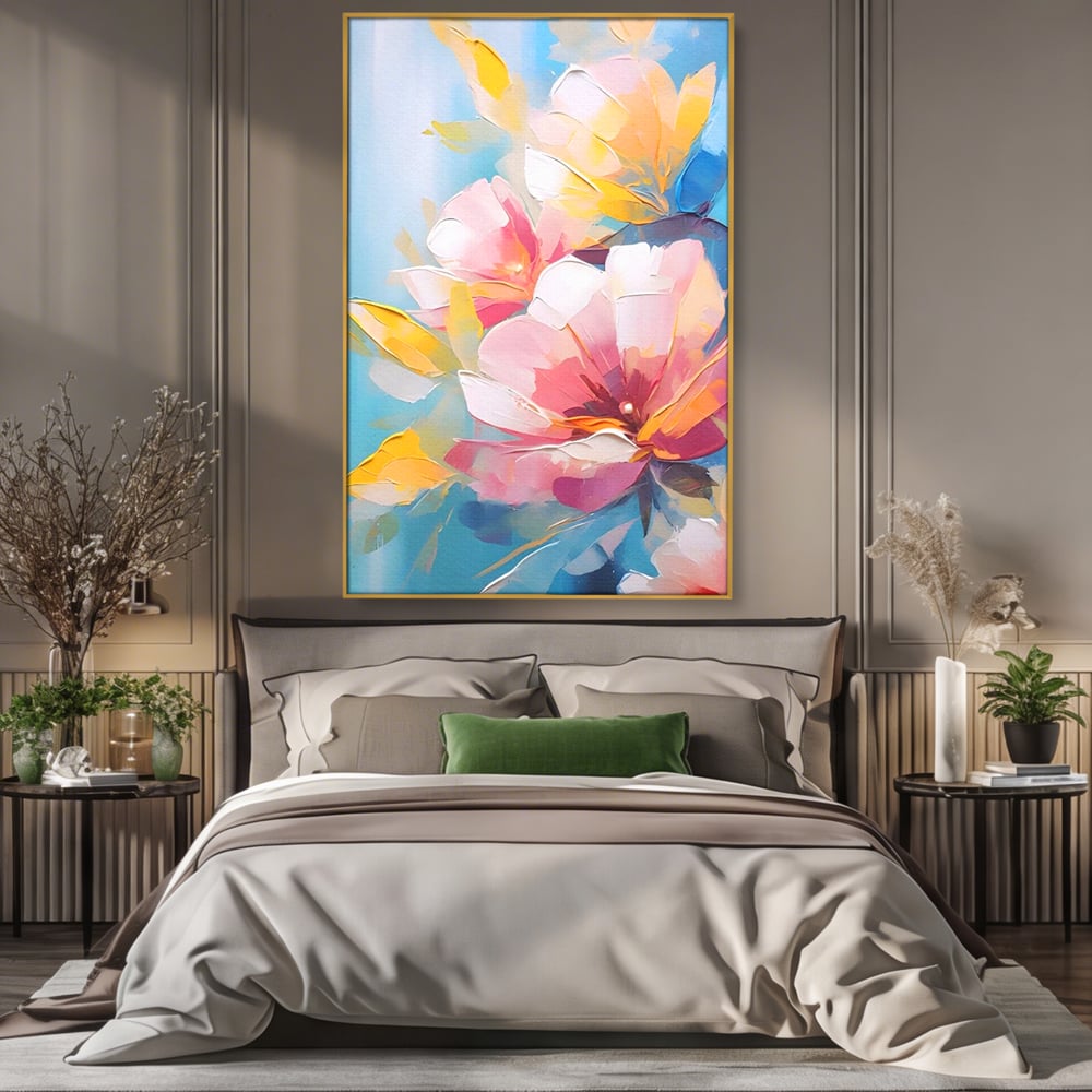 Tablou canvas cu tablou canvas cu flori roz, in rama de aluminiu auriu, pe perete intr-un dormitor