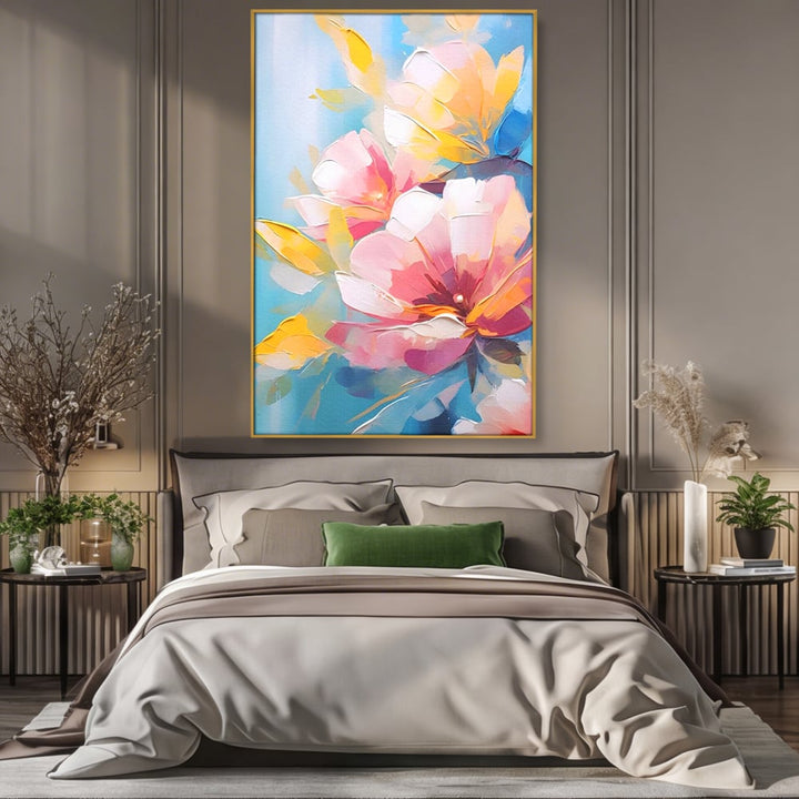 Tablou canvas cu tablou canvas cu flori roz, in rama de aluminiu auriu, pe perete intr-un dormitor