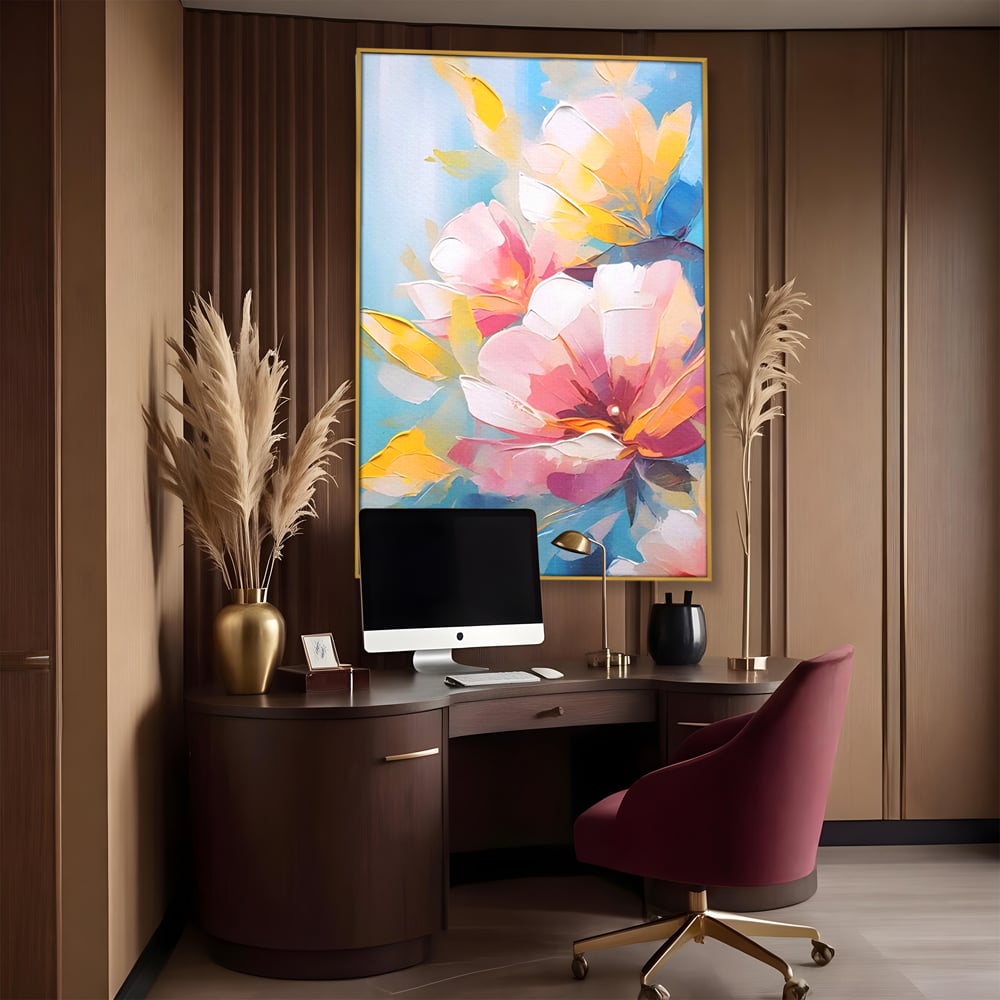 Tablou canvas cu tablou canvas cu flori roz, in rama de aluminiu auriu, pe perete intr-un birou