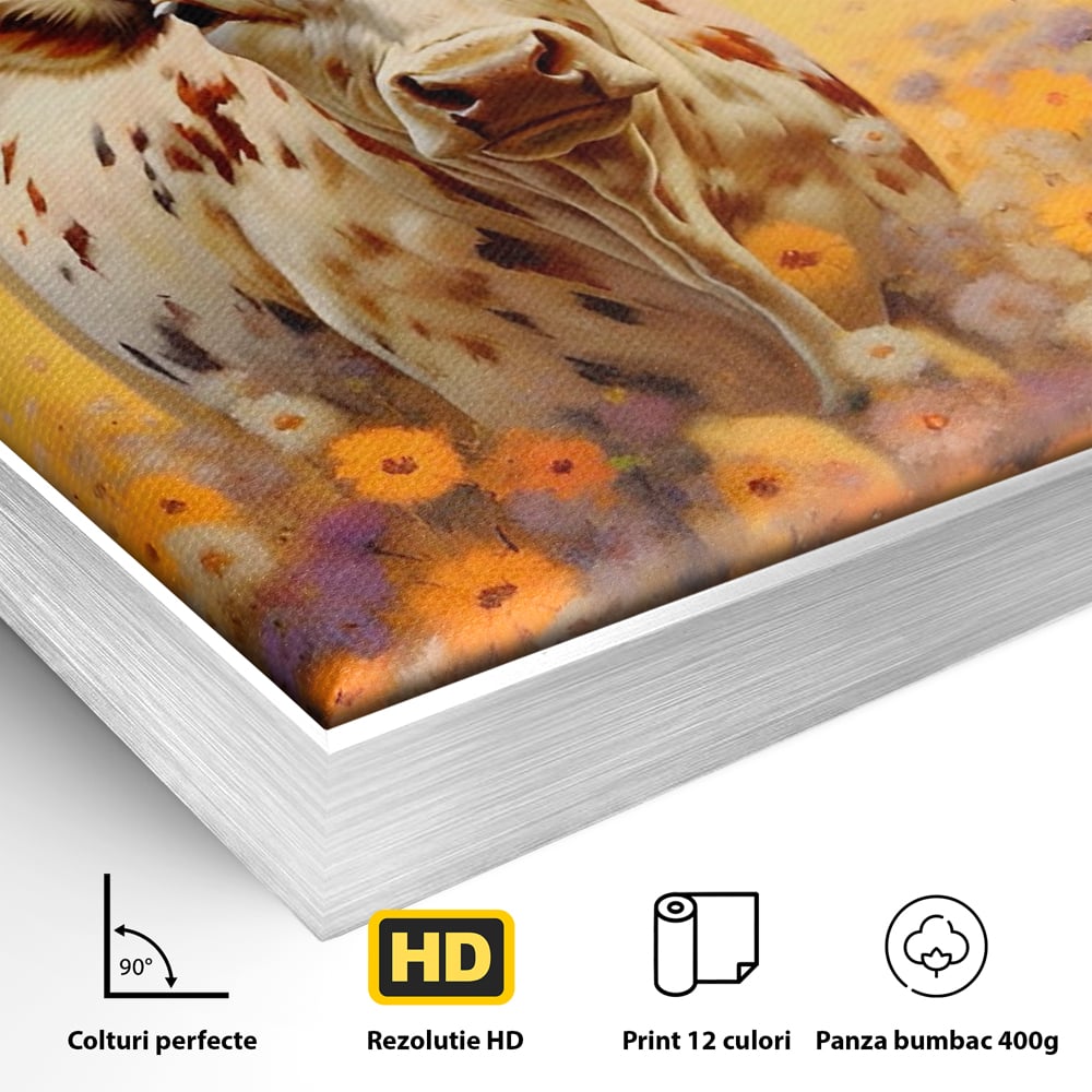 Detaliu al suprafetei: tablou canvas cu bivol cu coarne mari, in rama de aluminiu argintiu