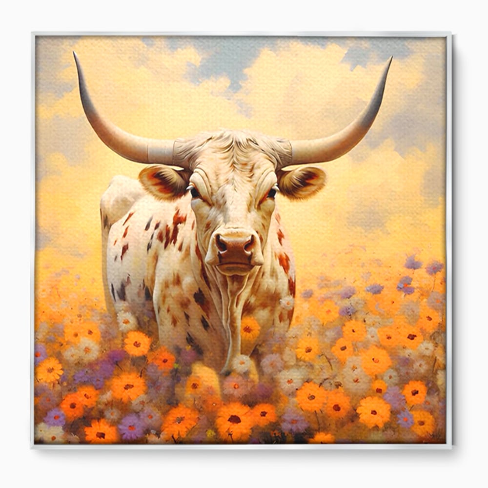 Tablou canvas cu tablou canvas cu bivol cu coarne mari, in rama de aluminiu argintiu