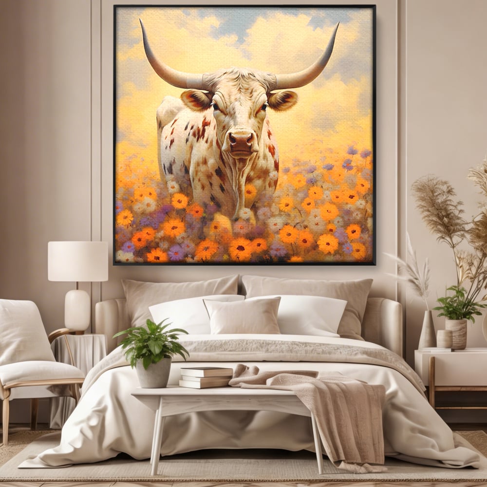 Tablou canvas cu tablou canvas cu bivol cu coarne mari, in rama de aluminiu negru, pe perete intr-un dormitor
