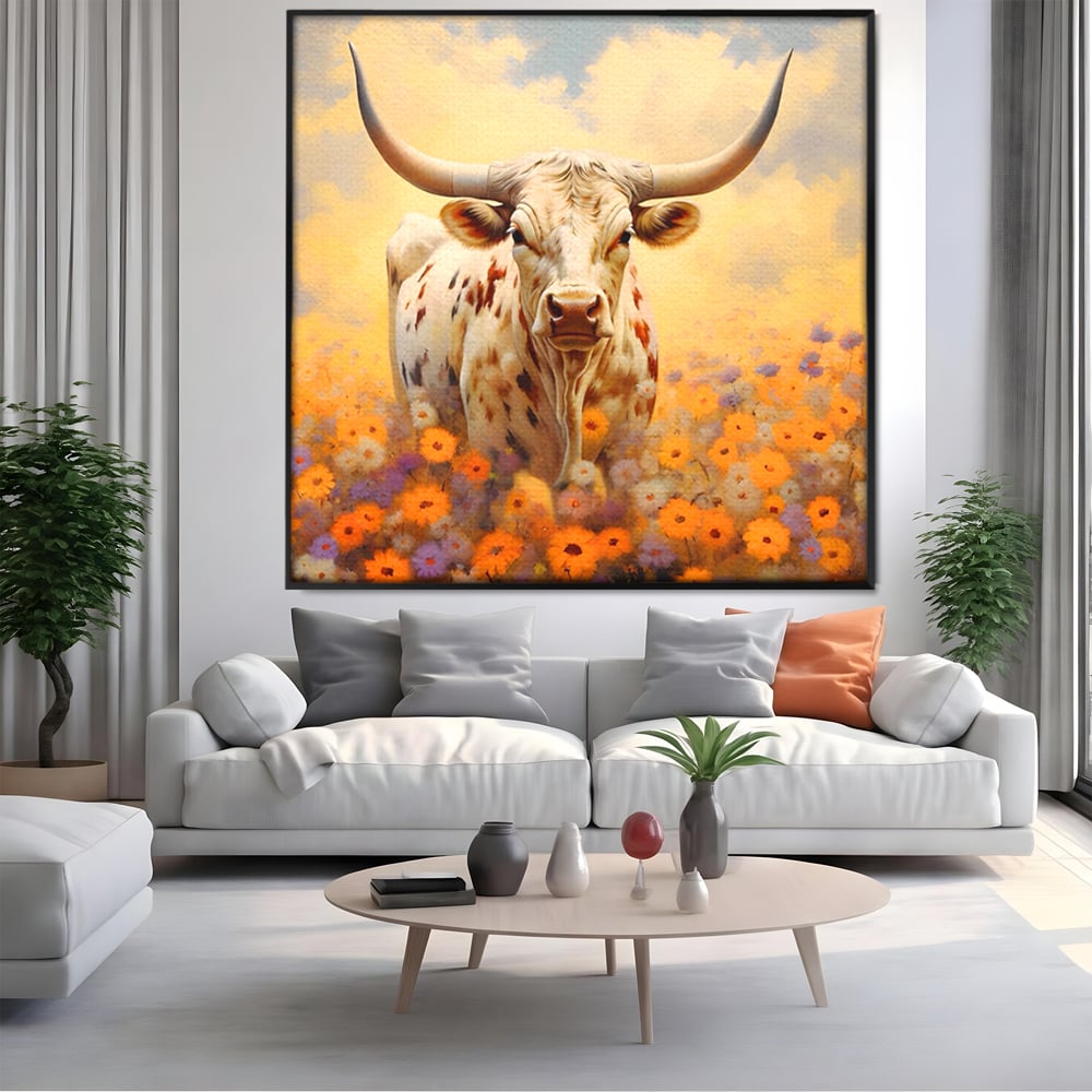 Tablou canvas cu tablou canvas cu bivol cu coarne mari, in rama de aluminiu negru, pe perete intr-un living