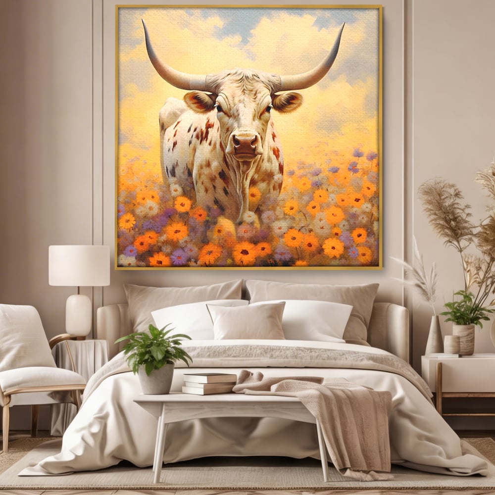 Tablou canvas cu tablou canvas cu bivol cu coarne mari, in rama de aluminiu auriu, pe perete intr-un dormitor