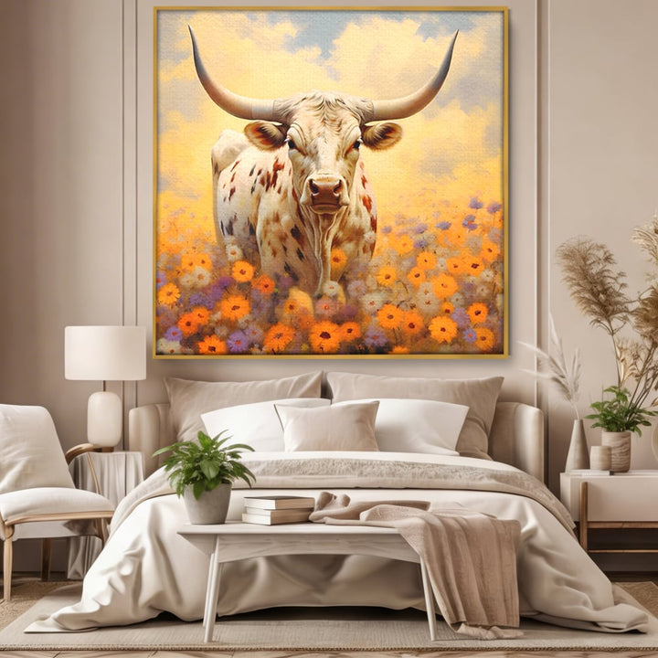 Tablou canvas cu tablou canvas cu bivol cu coarne mari, in rama de aluminiu auriu, pe perete intr-un dormitor