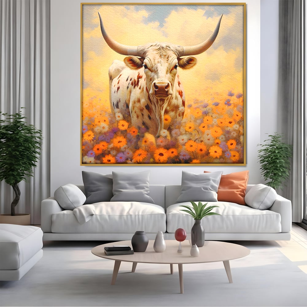 Tablou canvas cu tablou canvas cu bivol cu coarne mari, in rama de aluminiu auriu, pe perete intr-un living